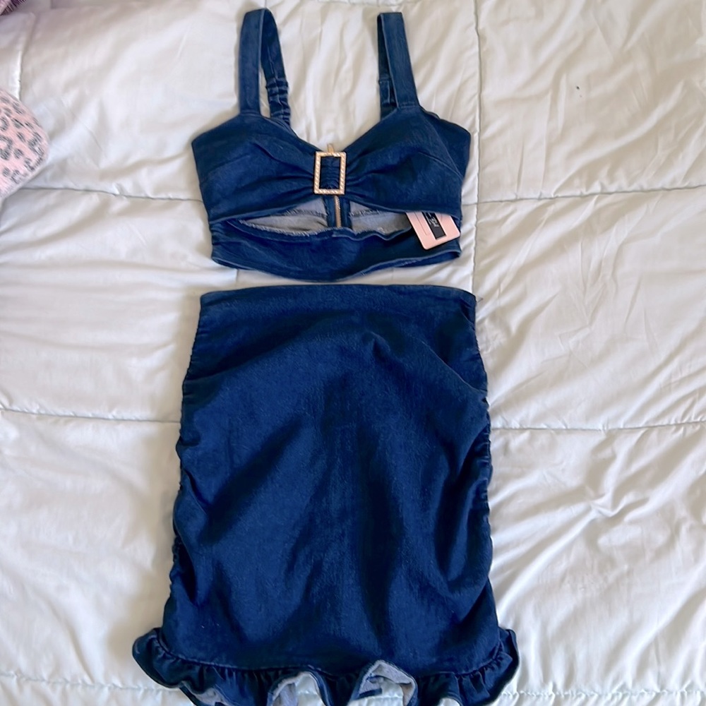2piece Denim Crop Tank Scrunched frilled skirt outfit